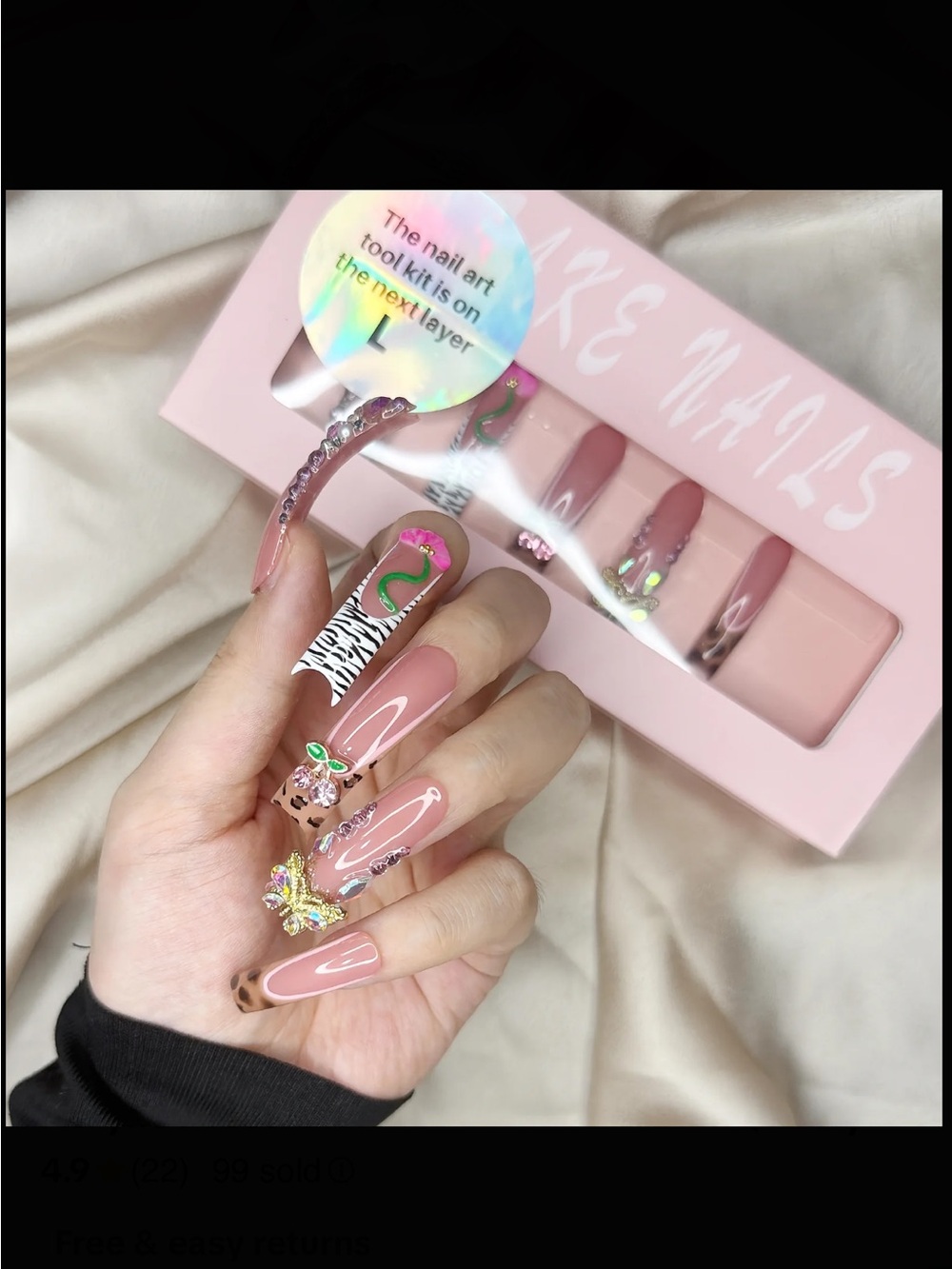 Y2K Bling 3D Rhinestone Press On Nails Medium Long – NEW